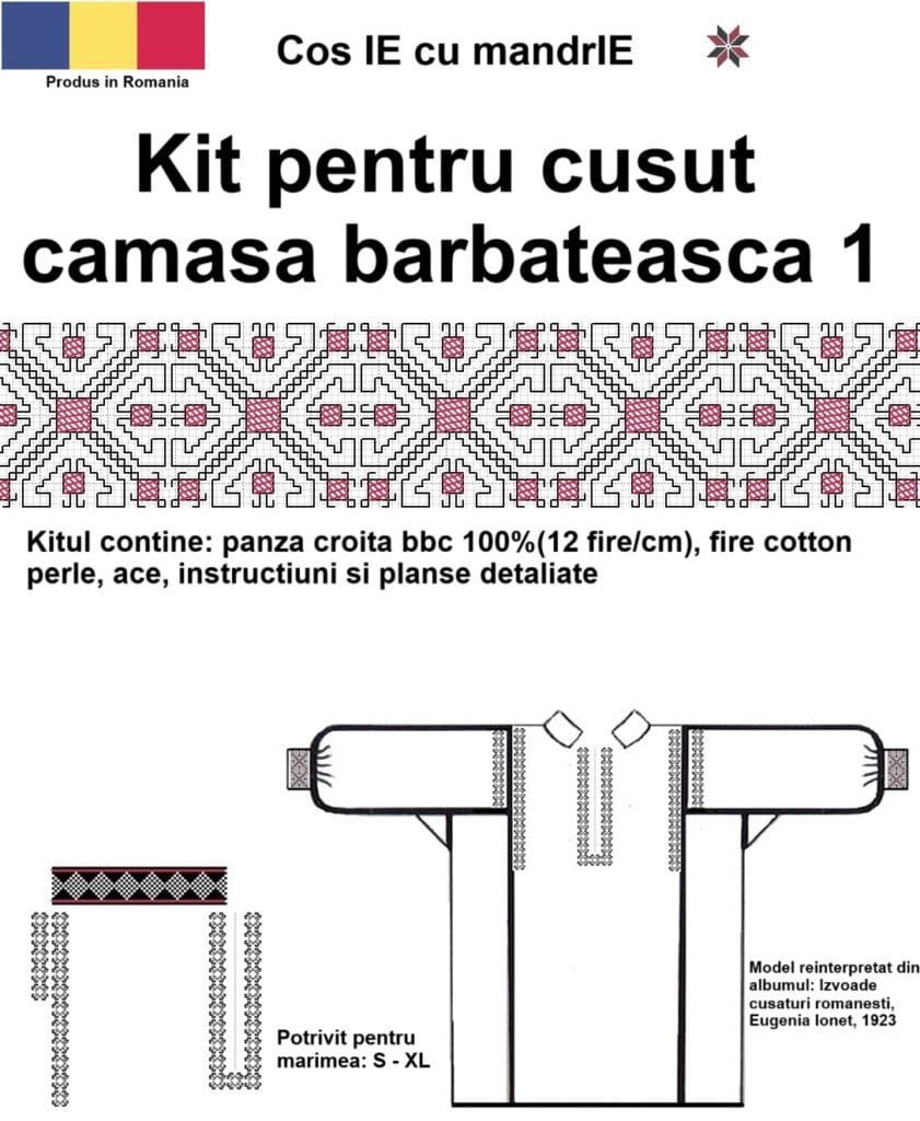 Kit cusut ie camasa traditionala pentru barbati 1 model autentic românesc din bumbac