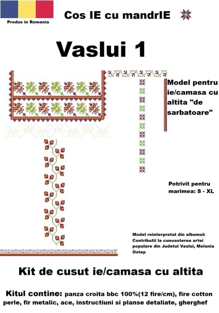 Kit cusut ie Vaslui 1 model tradițional românesc din bumbac